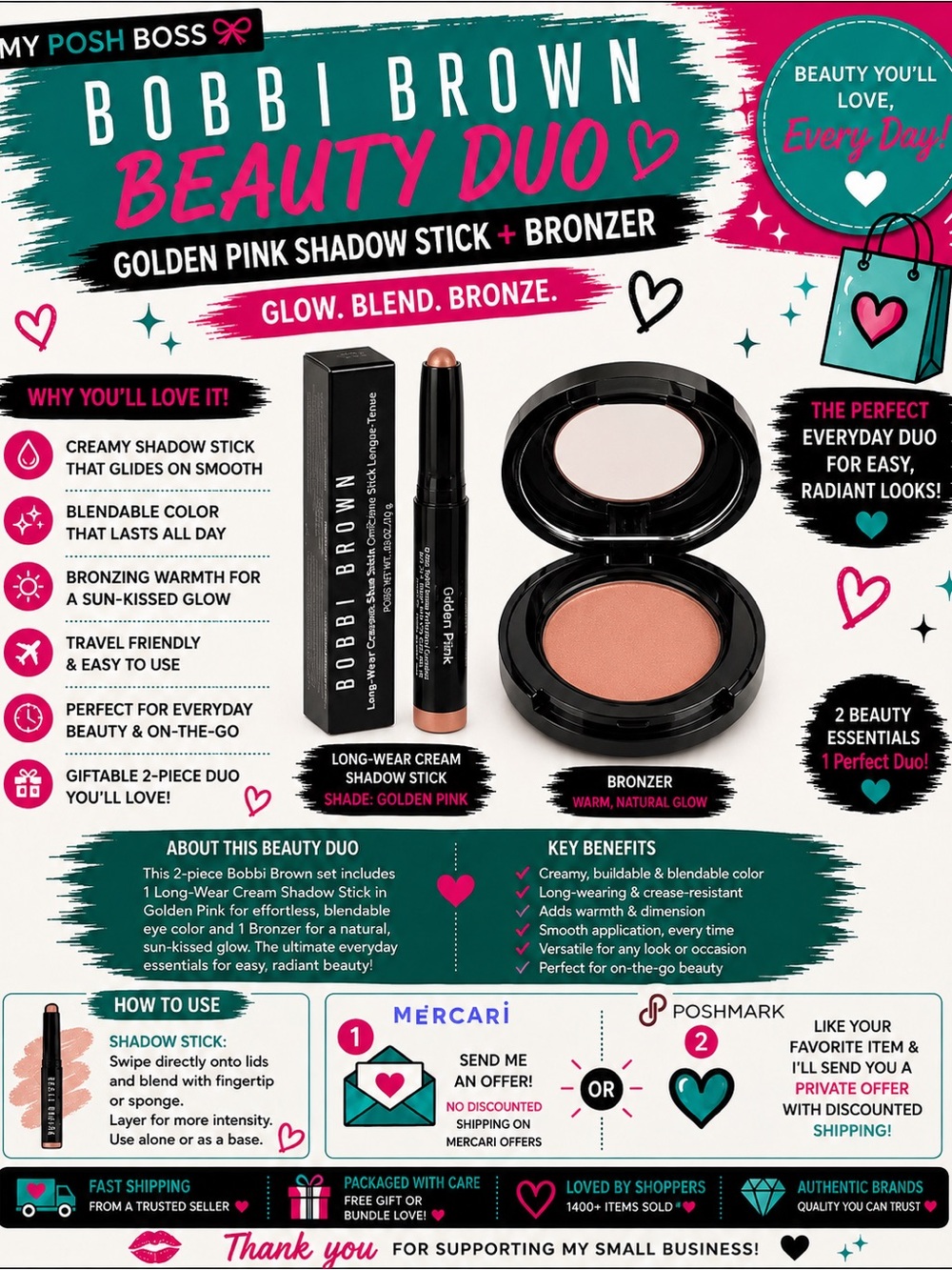 Bobbi Brown Golden Pink Shadow Stick & Natural Glow Bronzer Duo